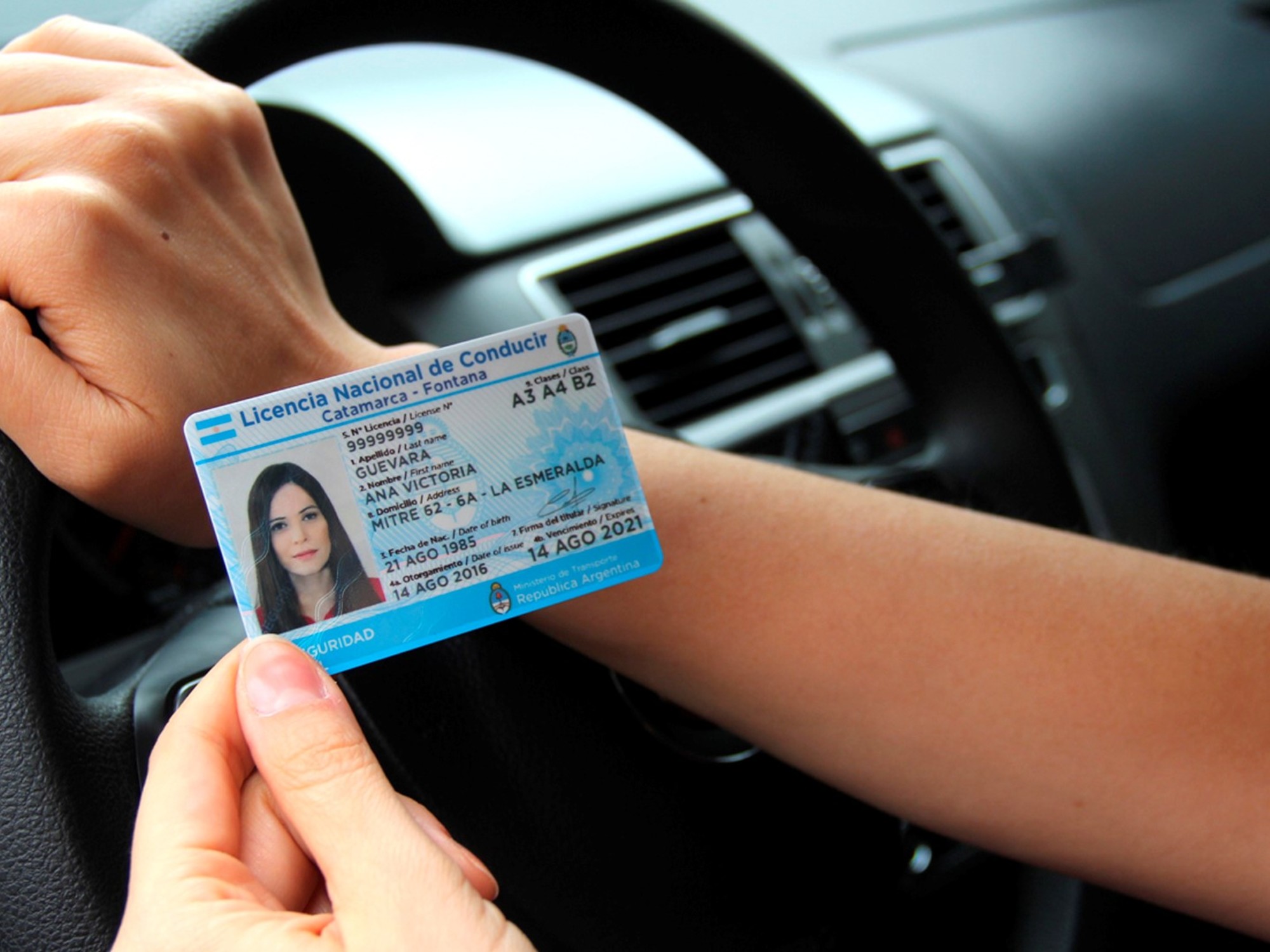 Licencia Nacional de Conducir argentina sostenida en la mano por una persona al volante de su auto